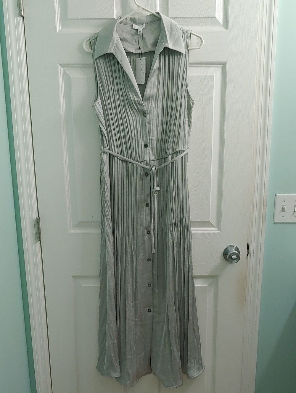 Anthropologie Current Air Dress NWT Sage Green Pleated Button-Front Midi Size L